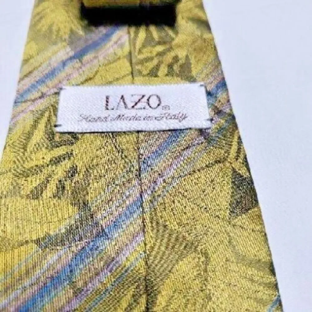 LAZO Silk Tie Olive Green Patterned Men'‎ Suit Necktie Hand Made in Italy VTG